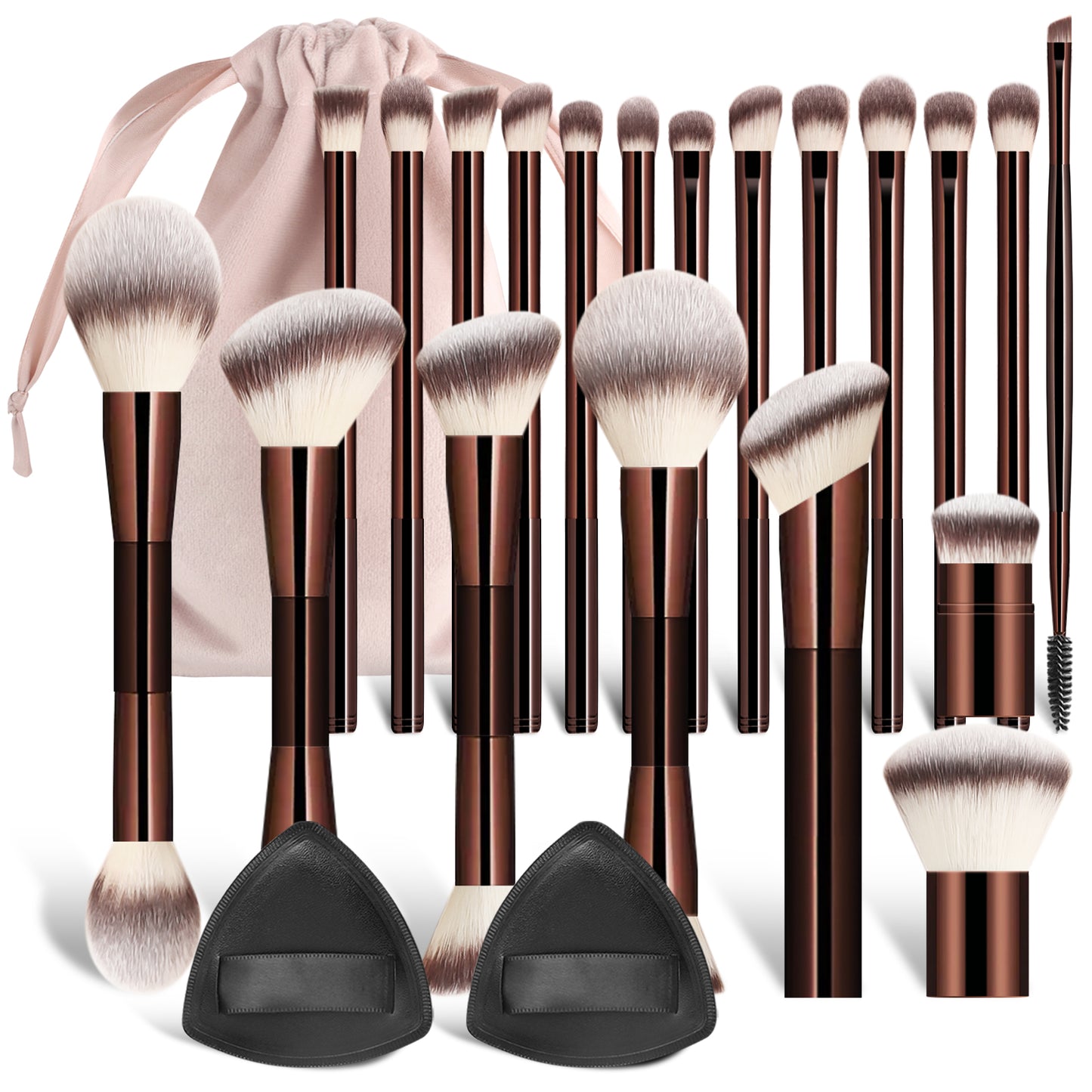 20-Piece + 2 Sponge + Storage Pouch Set Dual-Ended Multi-Function Brushes Perfectly Suited for Liquid Foundations, Concealers, and Loose Powder Blending