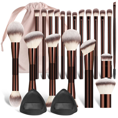 20-Piece + 2 Sponge + Storage Pouch Set Dual-Ended Multi-Function Brushes Perfectly Suited for Liquid Foundations, Concealers, and Loose Powder Blending