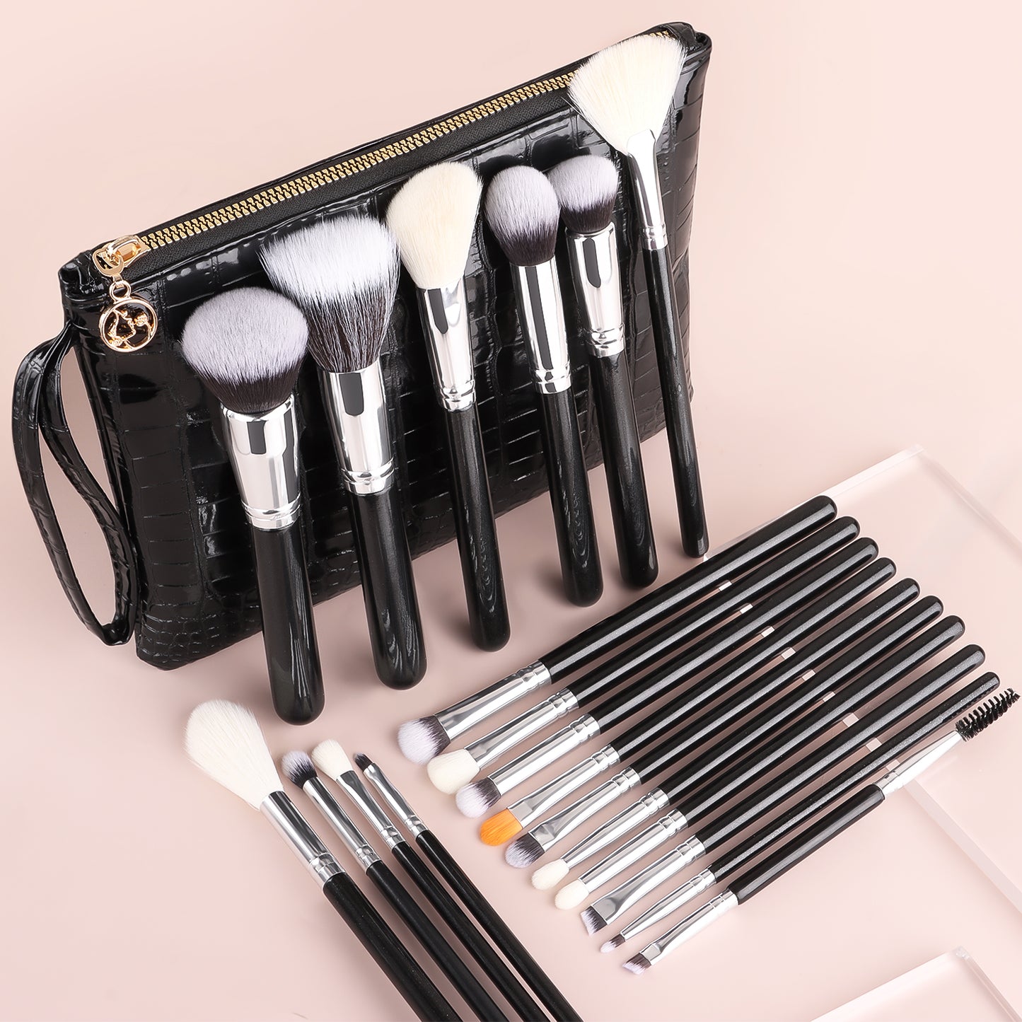 Black Silver Wood Handle Makeup Brush Set - Core Foundation Blush Eyeshadow Kit - Essential Professional Makeup Tools