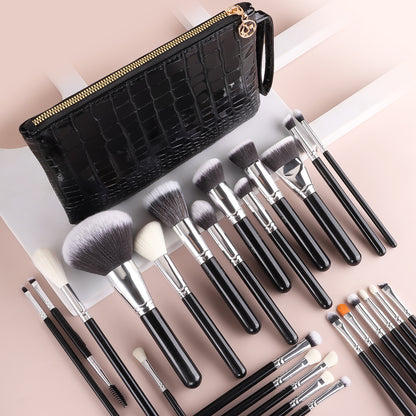 Black Silver Wood Handle Makeup Brush Set - Core Foundation Blush Eyeshadow Kit - Essential Professional Makeup Tools