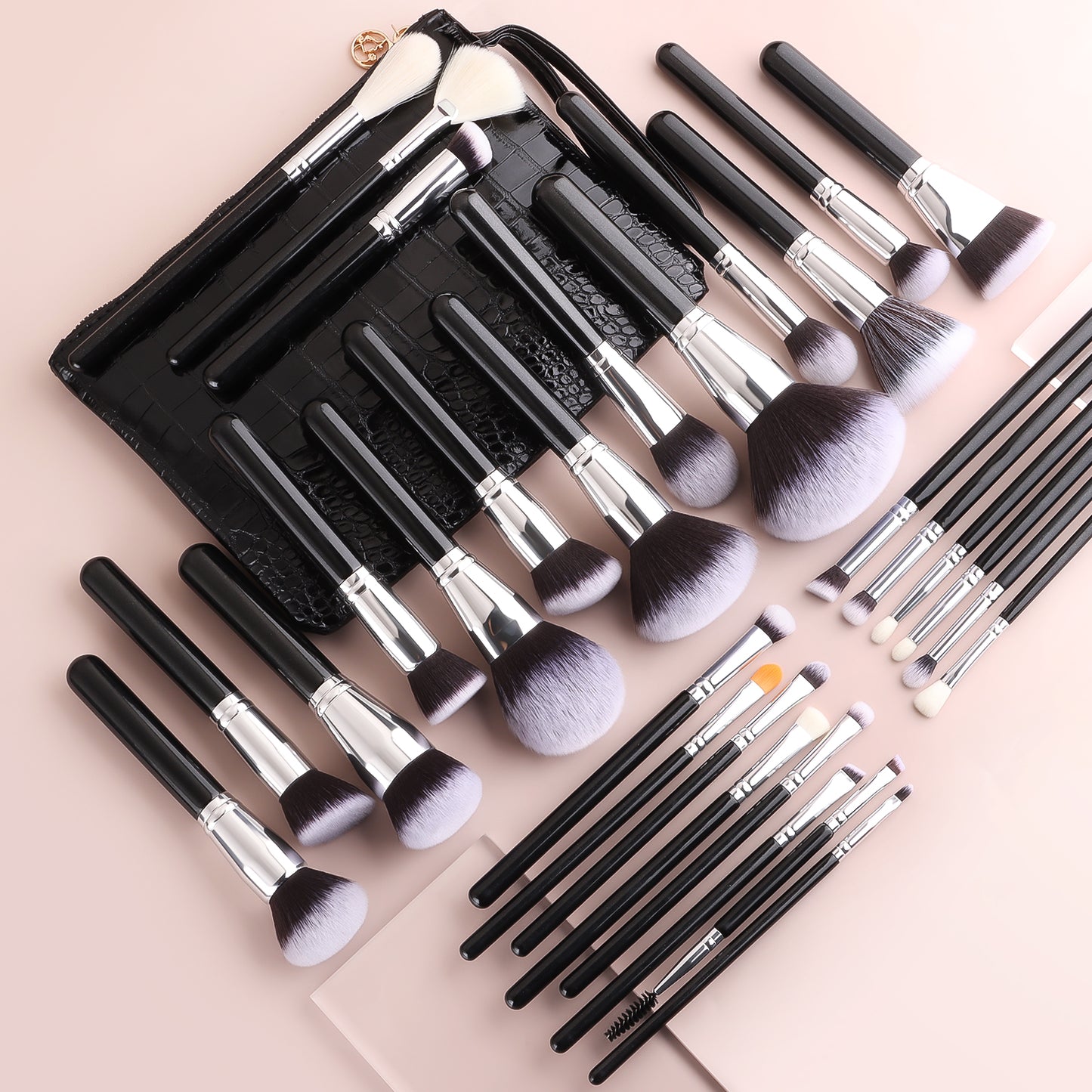 Black Silver Wood Handle Makeup Brush Set - Core Foundation Blush Eyeshadow Kit - Essential Professional Makeup Tools